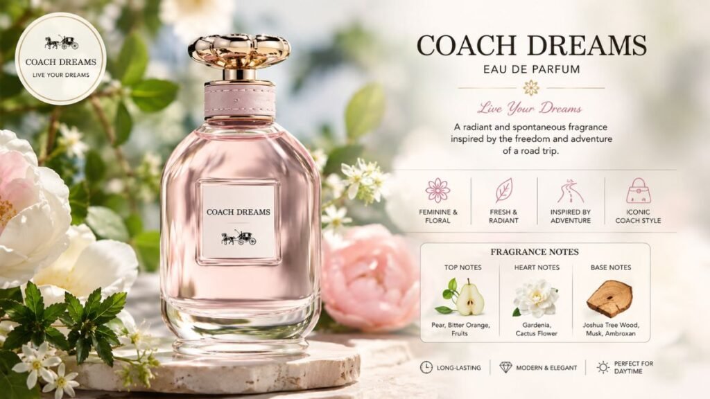 Coach Dreams Perfume 2026 bottle with a fresh floral background