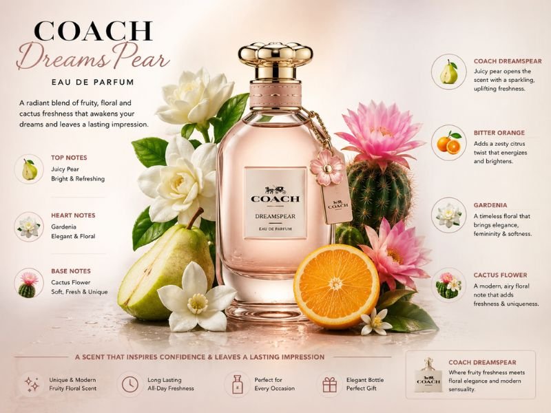 Coach Dreams Perfume notes including pear, bitter orange, gardenia and cactus flower