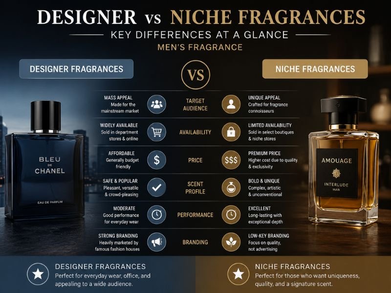 comparison table showing key differences between designer and niche high end men's fragrances