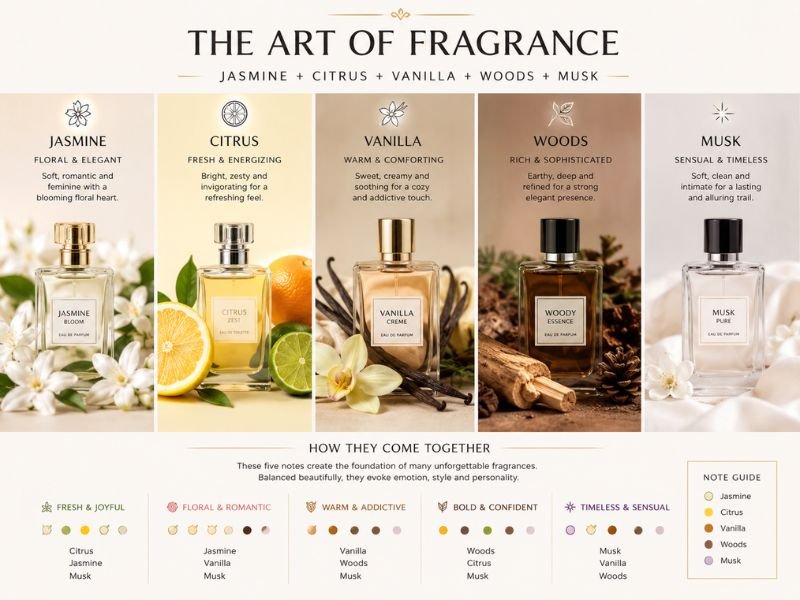 Different types of jasmine perfumes including fresh sweet woody and musky fragrances