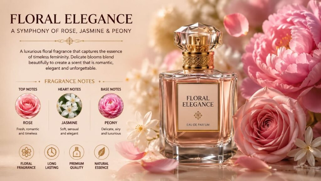 Floral perfume bottle surrounded by fresh flowers