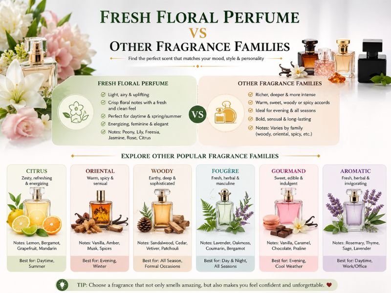 Comparison of floral perfume with fruity, woody, fresh, amber, and gourmand fragrance families