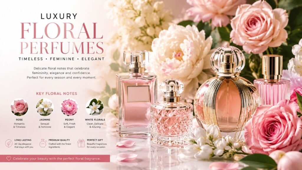 Floral Women's Perfume collection with fresh flowers