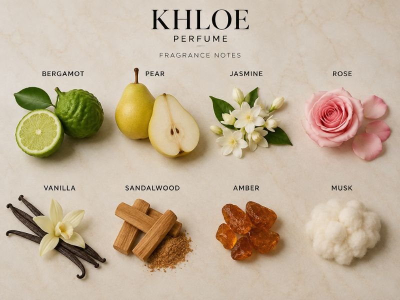 Khloe Perfume fragrance notes including bergamot jasmine vanilla and sandalwood