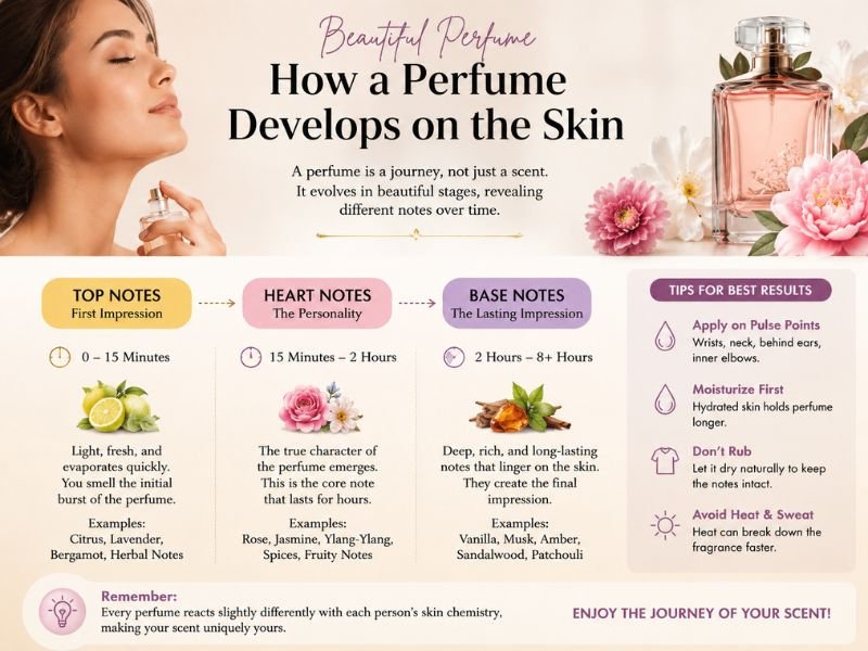 Beautiful perfume scent development from top to base notes