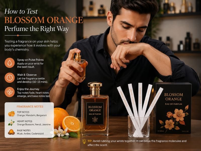 Testing orange blossom perfume on skin before buying