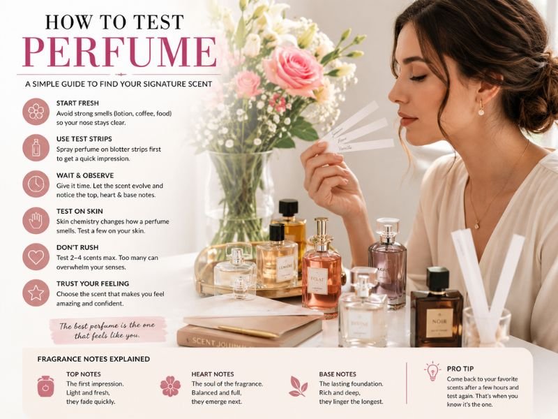 Testing floral perfume before choosing a fragrance
