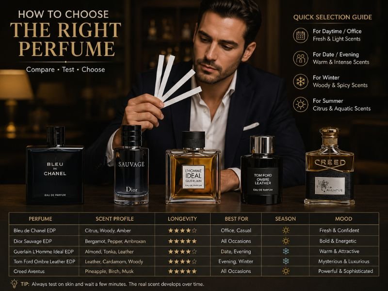Ek man different premium perfume bottles ko compare/select kar raha ho