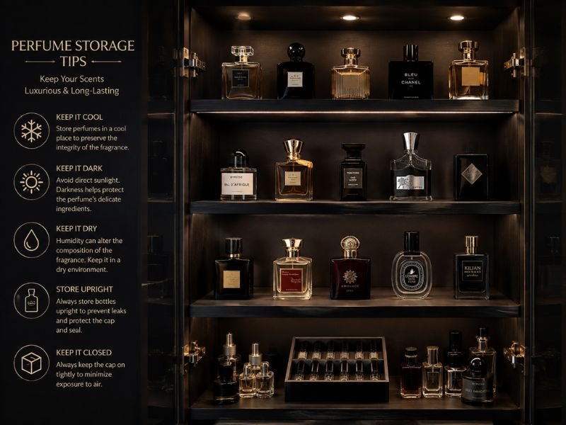 Proper perfume bottle storage in a cool dark cabinet