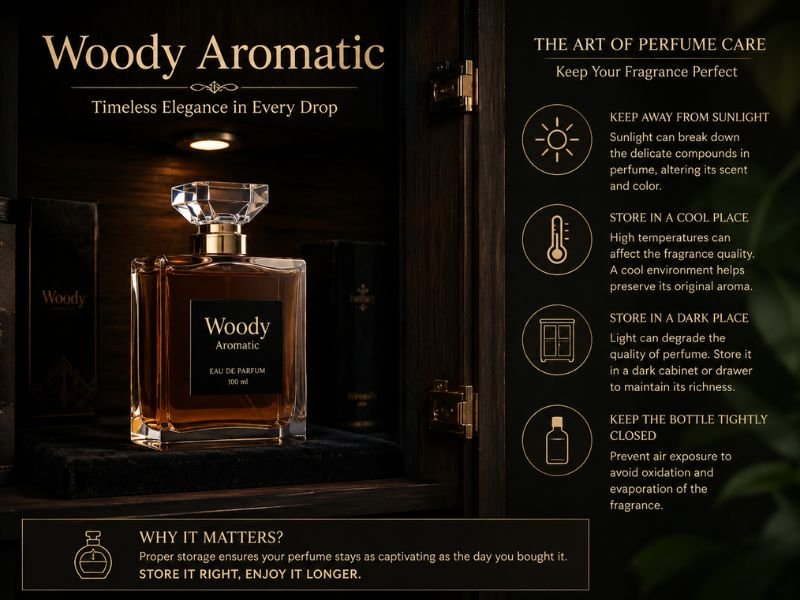 Proper storage of woody aromatic perfumes in a cool dark place