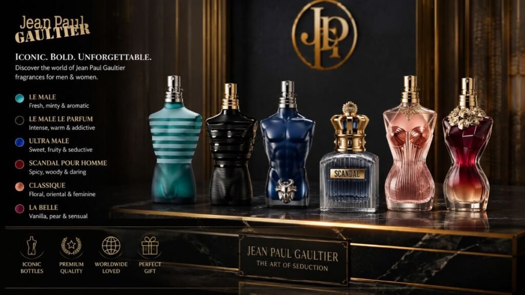 Jean Paul Gaultier Perfume collection with iconic fragrance bottles