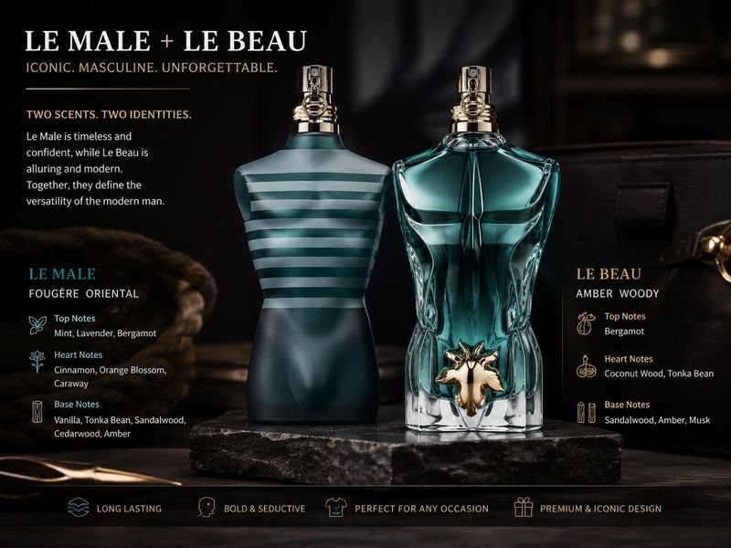 Jean Paul Gaultier perfume for men featuring Le Male and Le Beau
