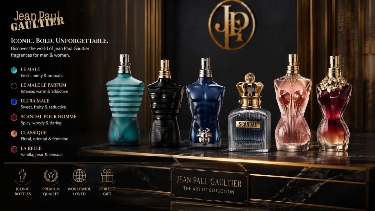 Jean Paul Gaultier Perfume collection with iconic fragrance bottles