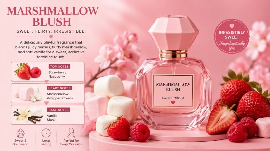 Marshmallow Blush Perfume bottle with strawberries and marshmallow