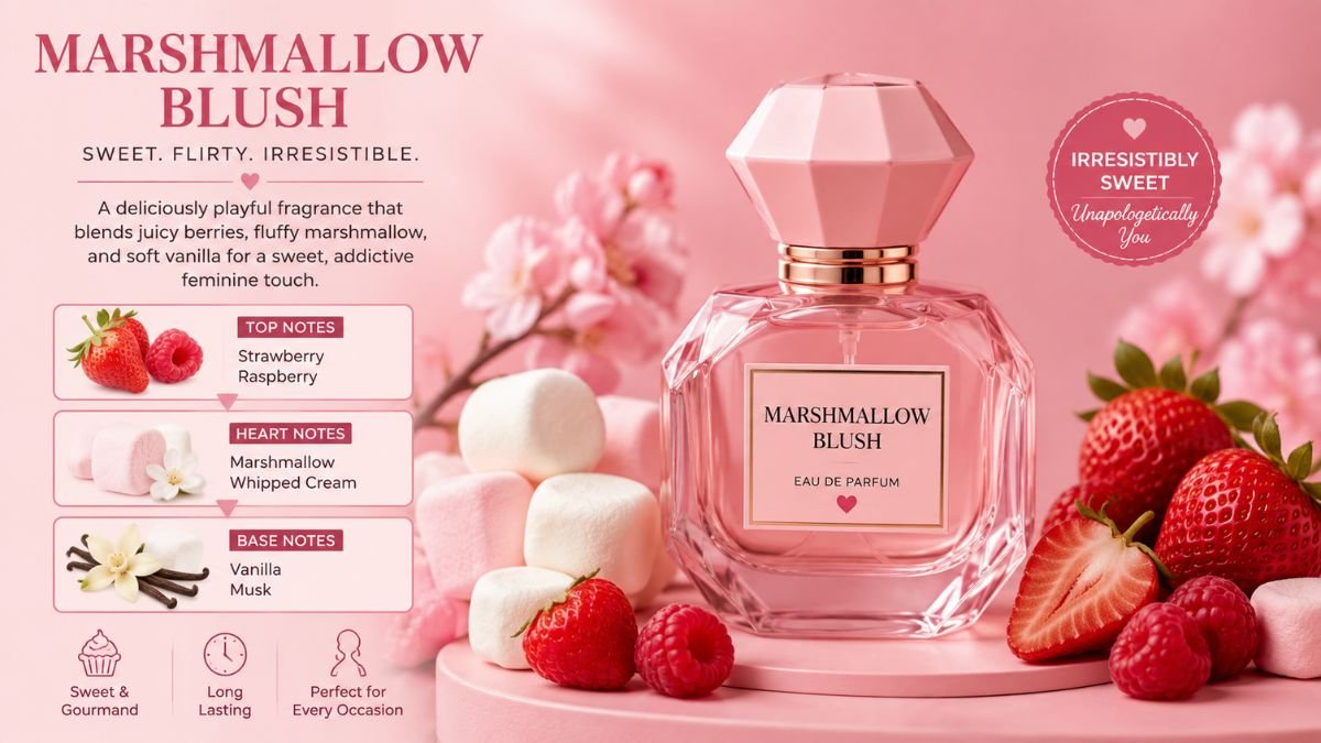 Marshmallow Blush Perfume bottle with strawberries and marshmallow