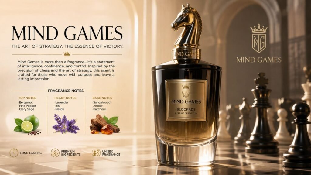 Mind Games Perfume bottle with an elegant chess-inspired background