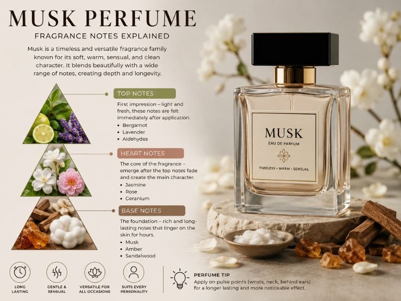 Musk Musk Perfume fragrance profile showing top heart and base notes