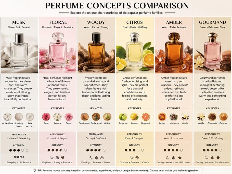 Musk perfume compared with floral woody citrus amber and gourmand fragrances