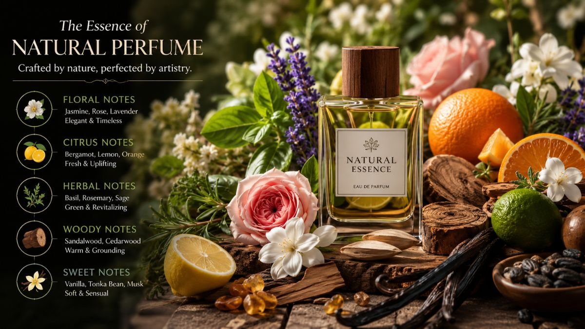 Natural perfume fragrance with botanical ingredients and flowers