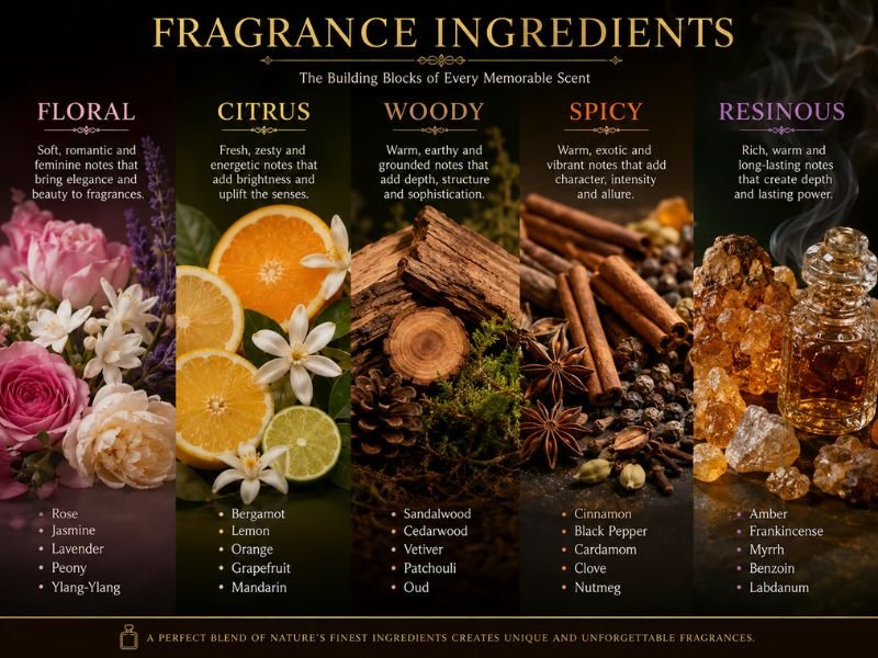 Natural perfume scent profiles including floral citrus woody spicy and resinous notes
