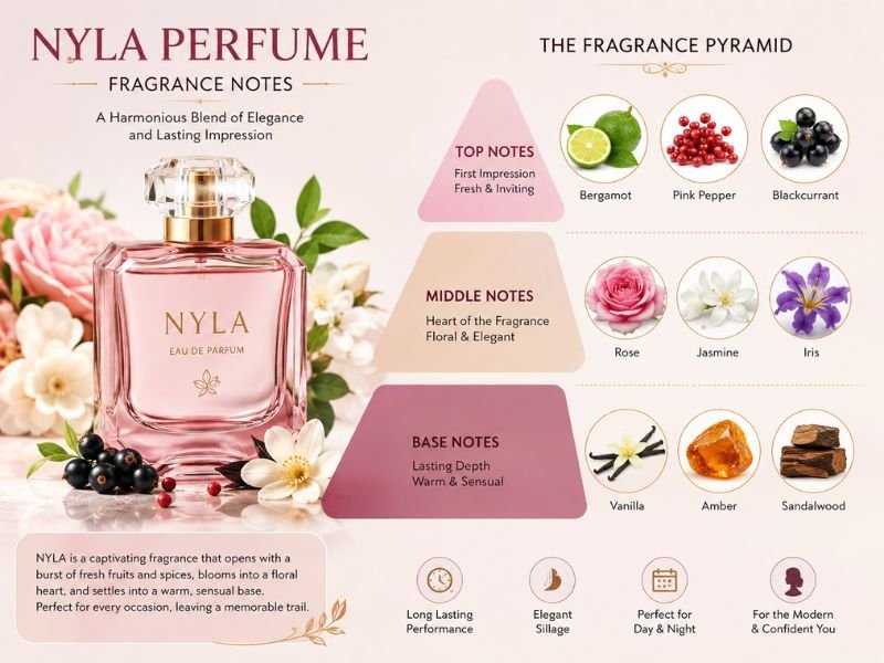 Nyla Perfume notes including coconut peach jasmine rose and white musk