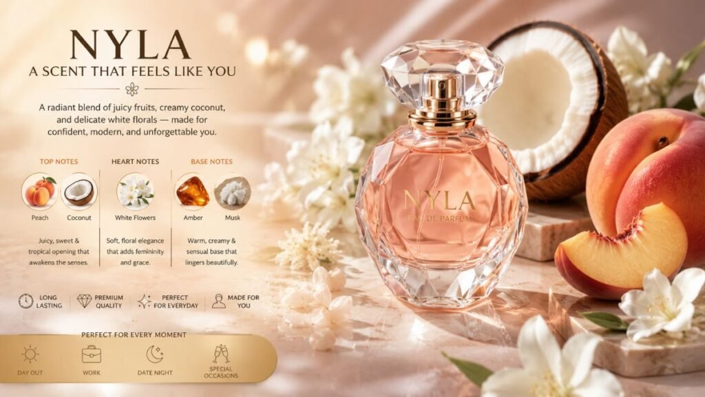 Nyla Perfume by Arabiyat Prestige with peach coconut and white flowers