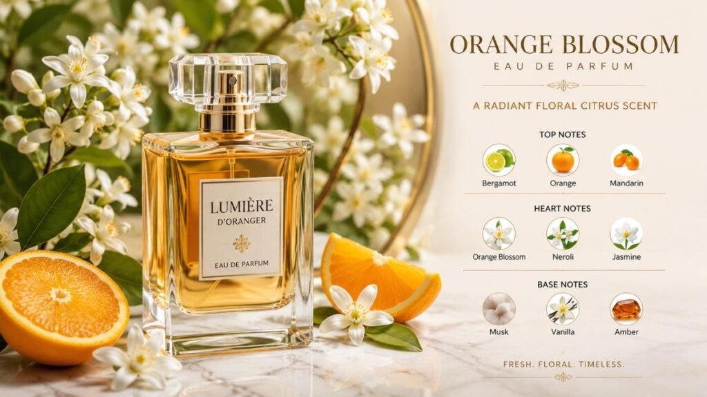 Orange blossom perfume bottle surrounded by fresh white flowers