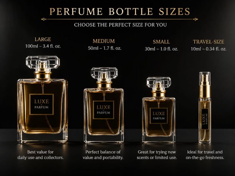 Perfume bottle sizes from small to large and travel size
