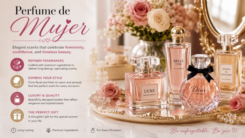 Perfume de Mujer women’s perfume bottles on a vanity
