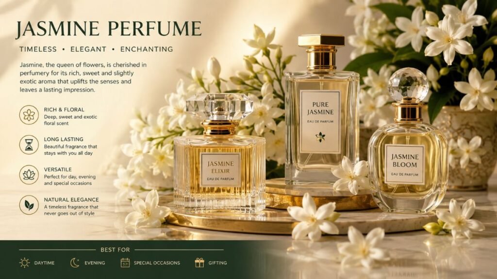 Perfumes that have jasmine with white jasmine flowers and luxury perfume bottles