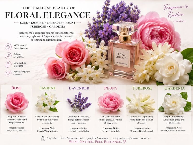 Popular floral perfume notes including rose jasmine and lavender
