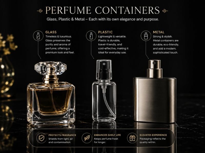Perfume bottle materials including glass plastic and metal
