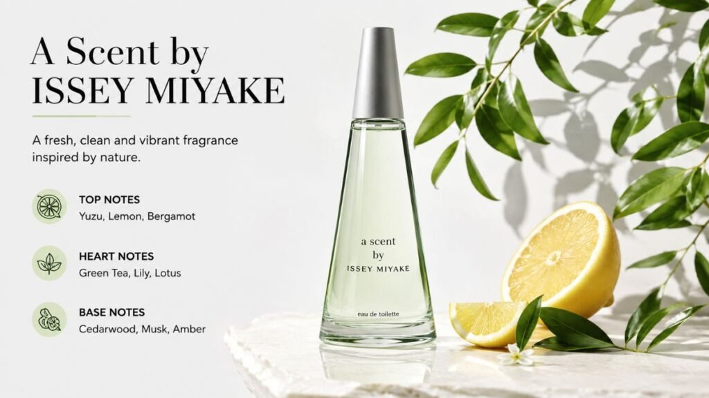 A Scent by Issey Miyake Perfume bottle with fresh green and citrus elements