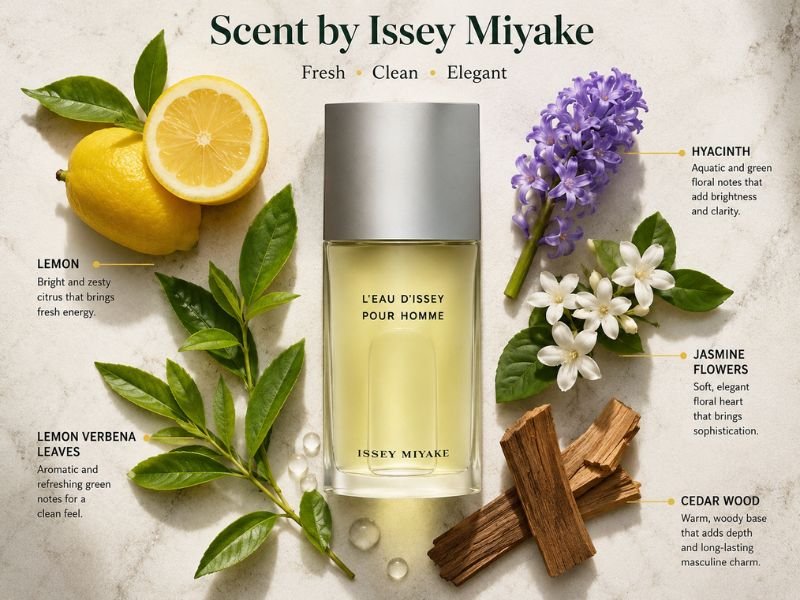 Scent by Issey Miyake perfume notes including lemon, flowers, green leaves and cedar