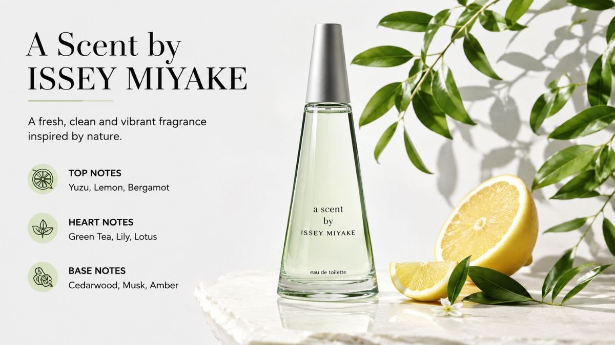A Scent by Issey Miyake Perfume bottle with fresh green and citrus elements