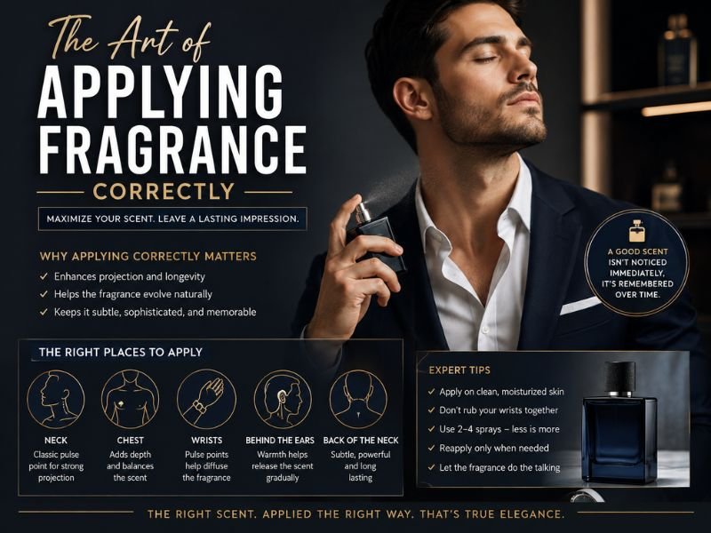man applying luxury fragrance on neck pulse point correctly