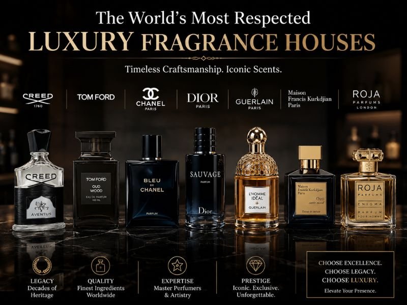 collection of luxury fragrance bottles from top perfume houses