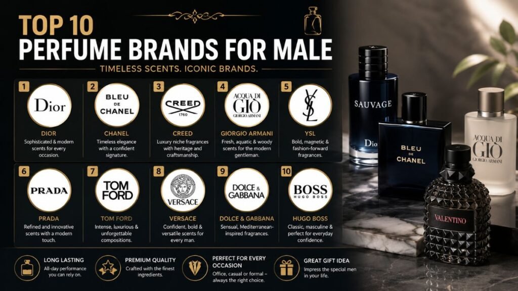 Top 10 perfume brands for men with luxury fragrance bottles.