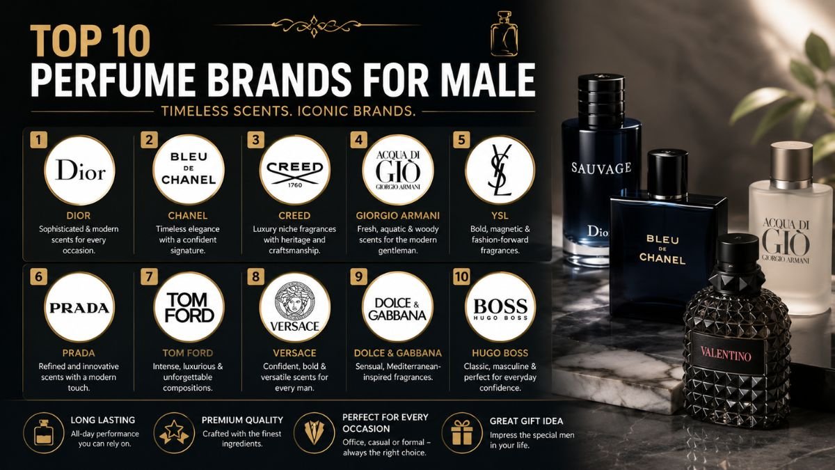 Top 10 perfume brands for men with luxury fragrance bottles.