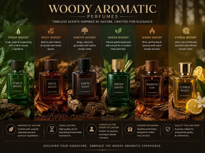 Different types of woody aromatic perfumes and fragrance styles
