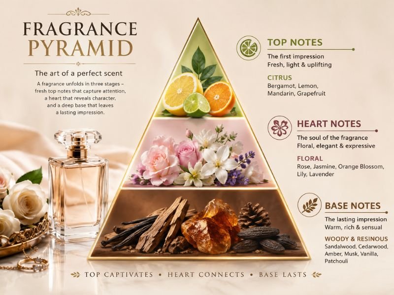 Top middle and base notes in natural perfume fragrance