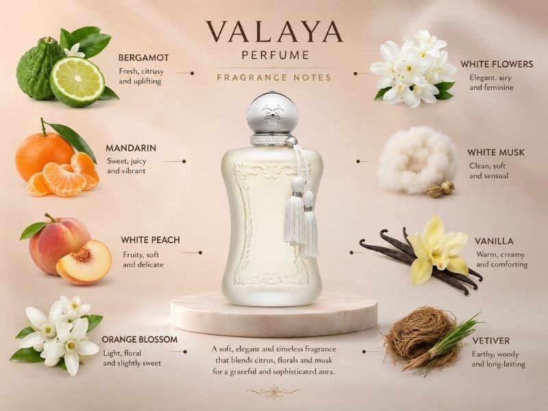 Valaya Perfume notes including bergamot mandarin white peach and musk