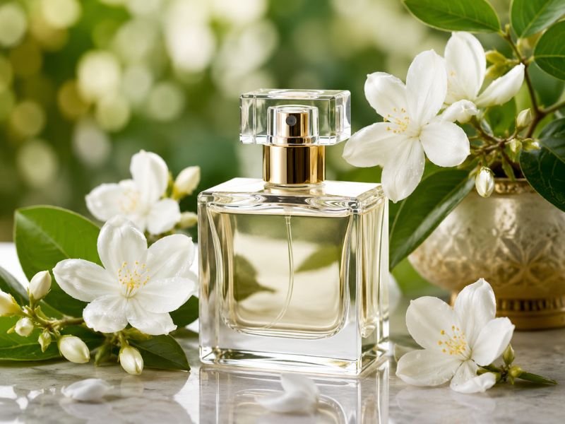 Jasmine fragrance notes with white jasmine flowers and perfume bottle