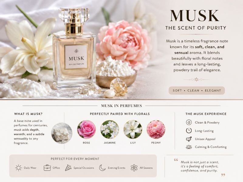 Musk perfume scent profile with clean powdery floral and soft fragrance notes