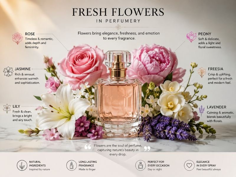 Elegant floral perfume bottle surrounded by fresh flowers