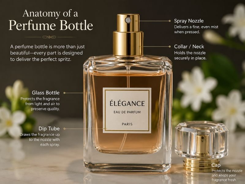 Classic glass perfume bottle with spray nozzle and cap