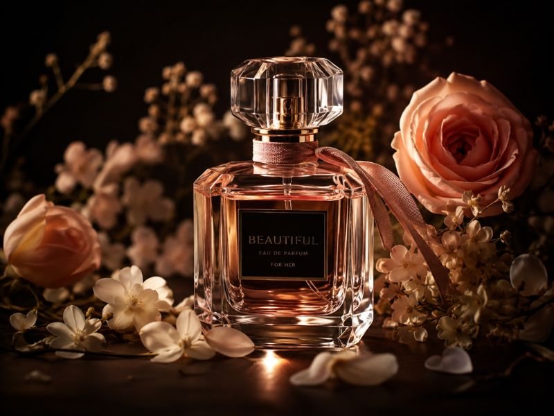 Elegant beautiful perfume with floral fragrance setting