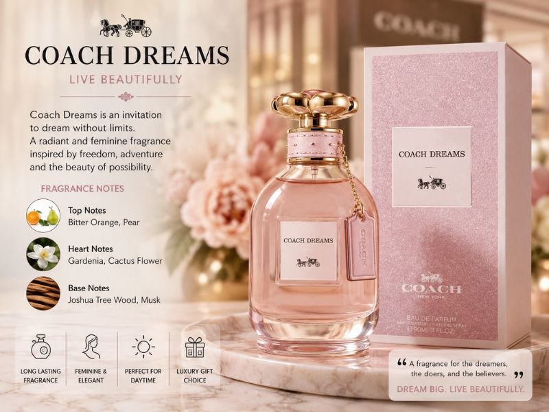 Coach Dreams Perfume bottle and fragrance presentation