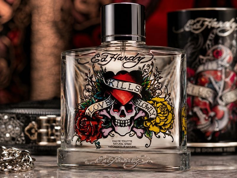 Ed Hardy Perfume bottle with iconic tattoo-inspired design