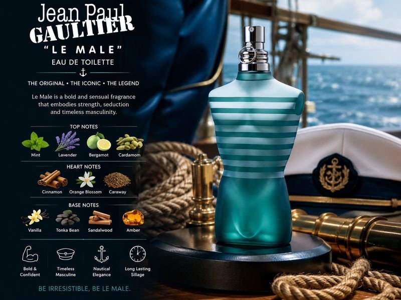 Jean Paul Gaultier Le Male perfume bottle with sailor-inspired design